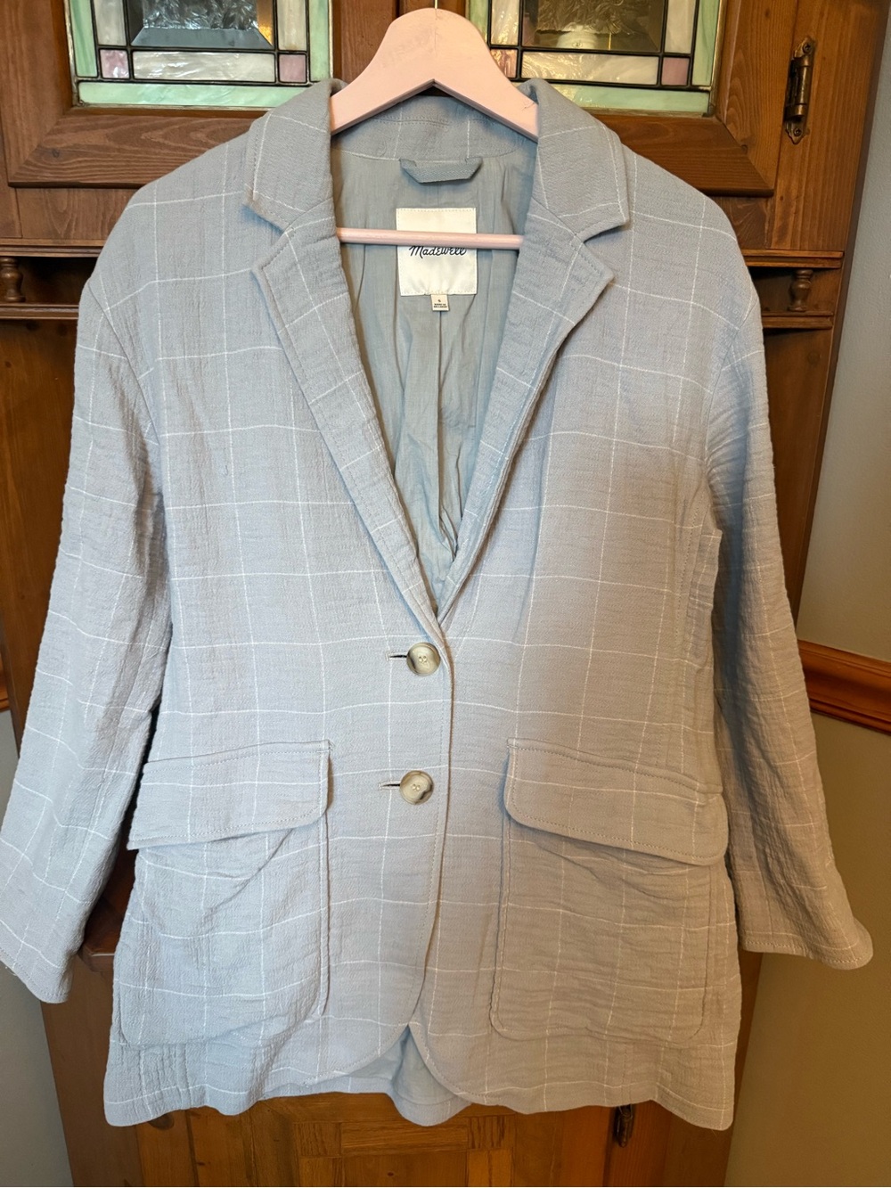 Madewell Cotton-Linen Relaxed Larsen Blazer in Windowpane blue/Gray Colorway S
